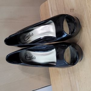 Candie's high heels open toe black patent pumps-never worn 9 medium